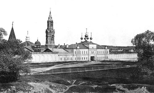 Вид Никольского единоверческого монастыря с Крестовоздвиженским храмом с северо-запада от Преображенского вала, 1896 г.